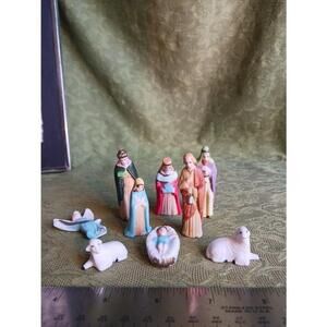 Vintage 8 Piece Bisque Porcelain Nativity Set Hand Painted Mini!